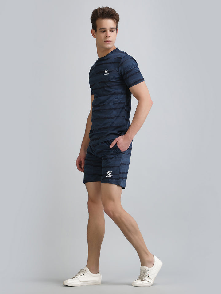 Mens Jacquard SS Round Neck T-Shirts & Shorts Combo Set