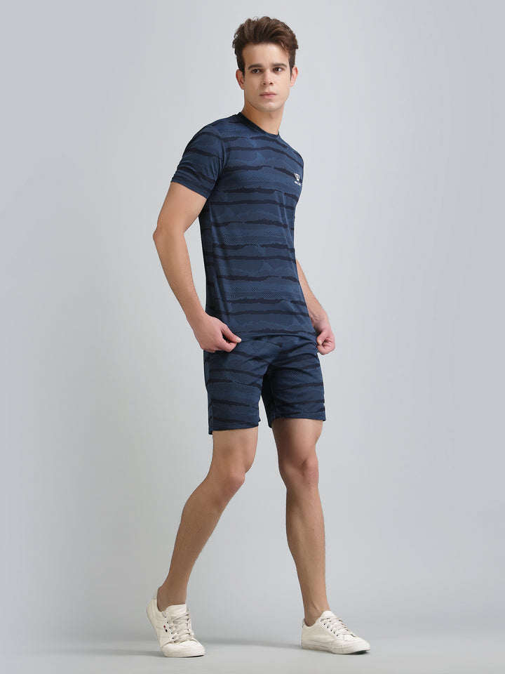 Mens Jacquard SS Round Neck T-Shirts & Shorts Combo Set