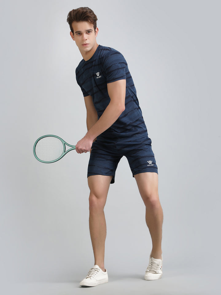 Mens Jacquard SS Round Neck T-Shirts & Shorts Combo Set