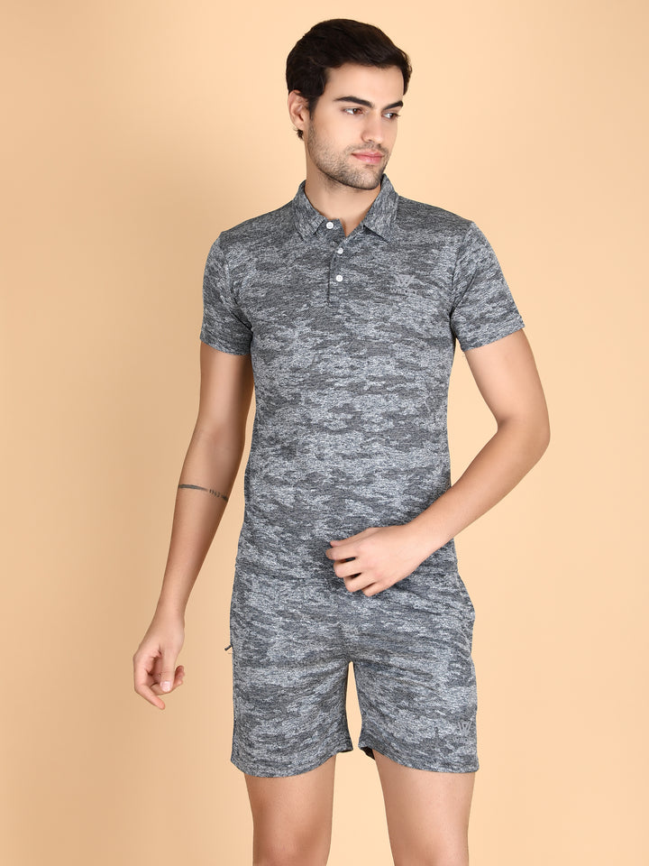 Mens Dryfit Jacquard SS Collar T-Shirts & Shorts Combo Set