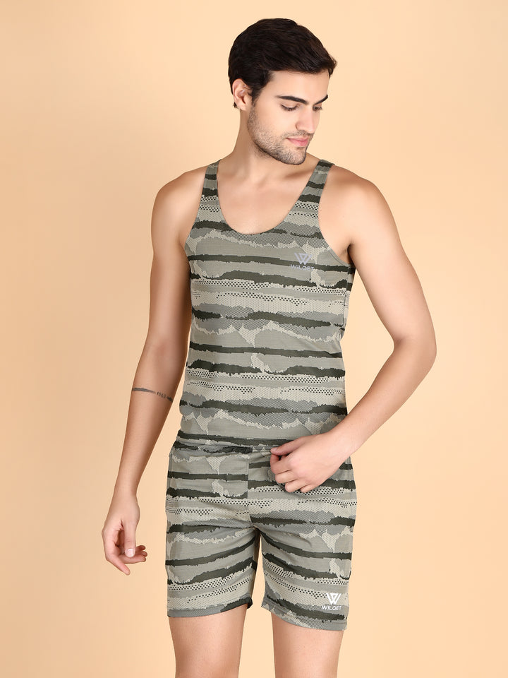 Mens Dryfit Jacquard Printed Sleeveless T-Shirts & Shorts Combo Set