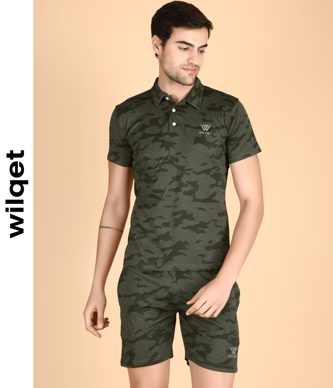 Mens Running SS Camouflage Collar T-Shirt & Shorts Combo Set