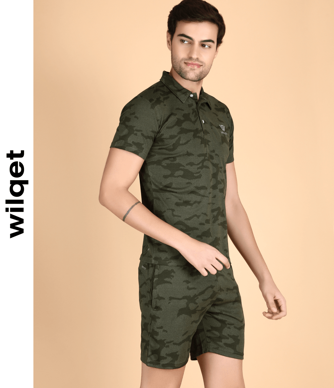 Mens Running SS Camouflage Collar T-Shirt & Shorts Combo Set