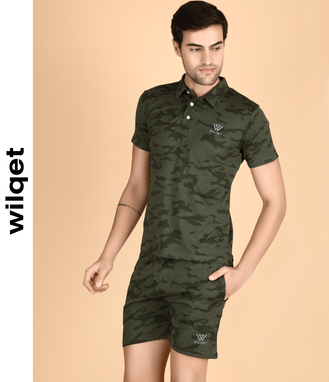 Mens Running SS Camouflage Collar T-Shirt & Shorts Combo Set