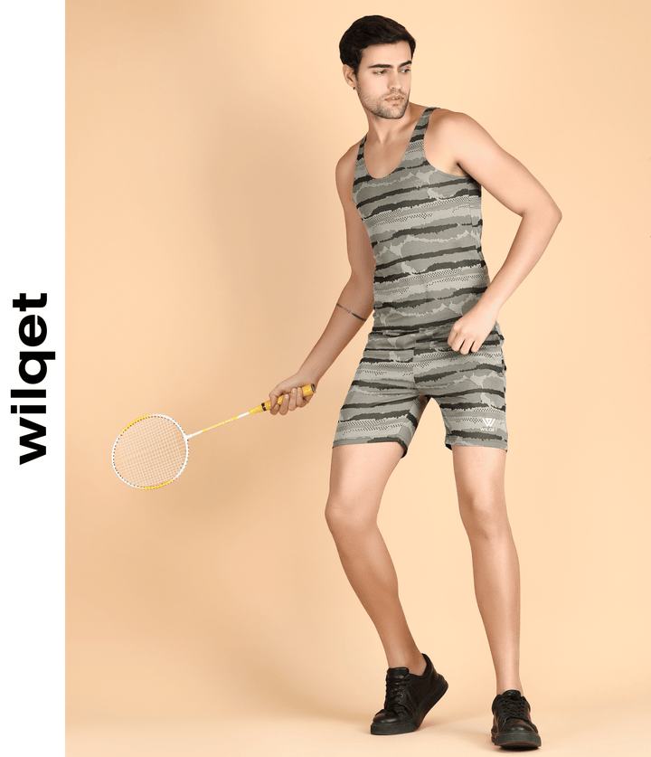 Mens Dryfit Jacquard Printed Sleeveless T-Shirts & Shorts Combo Set