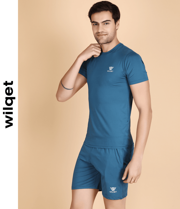 Mens Running Solid Lycra SS Round Neck T-Shirts & Shorts Combo Set